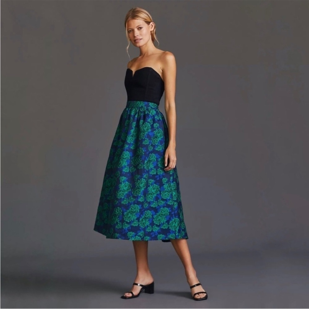 Anthropologie Green and Blue Floral A-Line Skirt - Picture 2 of 12